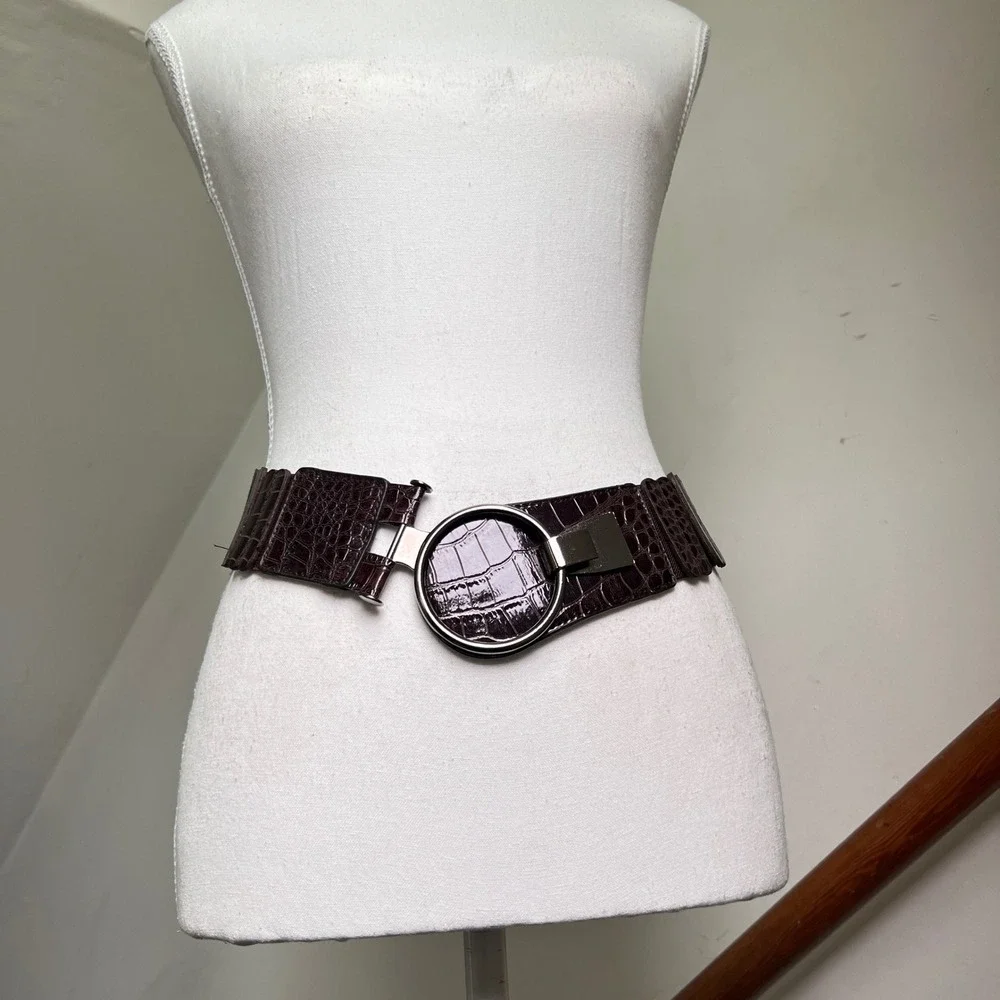 Y2K Wide Elastic Belt Large Brown Faux Croc Silver O-Ring Buckle Chunky Wide Big